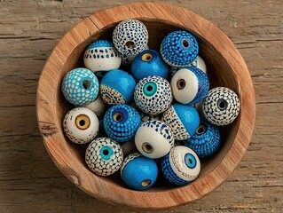 Top-View Photorealistic Style: Wooden Bowl with Small Blue-White Eyeballs on Oak Table - For Halloween Decor/Horror-Themed Poster/Creative Design Stock