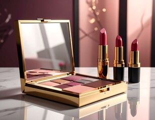 Luxury Makeup Set with Gold Palette and Lipsticks.