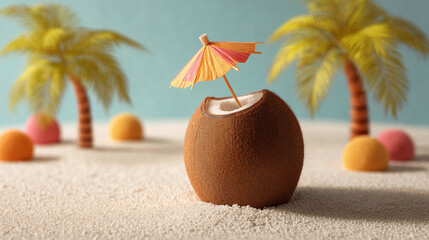 A coconut drink with a paper umbrella on a sandy beach with palm trees in the background