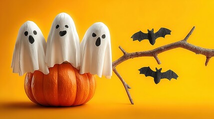 Minimalist Halloween Photo: Three Cute White Paper Ghosts on Orange Pumpkin (Isolated Yellow Background, Brown Branch with Two Black Bats)
