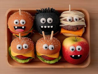 Halloween-Themed Kids' Lunch: Monster-Shaped Burgers, Mummy-Wrapped Rolls & Apple Galaxy Candy Apples on Wooden Plate Stock