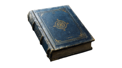 A treasured antique book adorned in blue and gold with timeworn edges whispers untold stories on