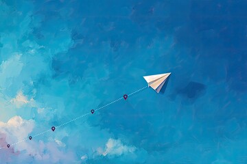 An abstract illustration of a paper airplane soaring through a vibrant blue sky with small markers