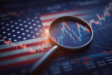 A magnifying glass over financial data and the US flag in a business or economics context