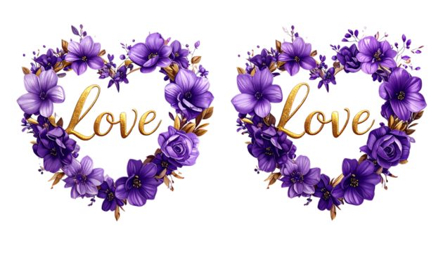 Romantic Wedding Decoration with Gold Calligraphy and Flower Heart isolated on transparent background - Powered by Adobe