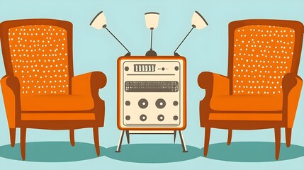 Cozy living room seating home digital art retro vibe eye-level comfort design