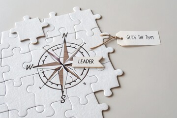 Puzzle pieces with compass and tags labeled 'Leader' and 'Guide the Team' symbolizing teamwork