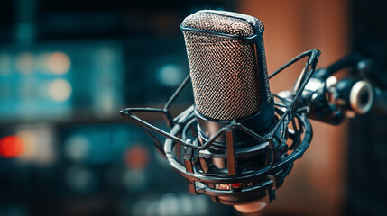 A close up of a studio microphone with a blurred background in a recording studio