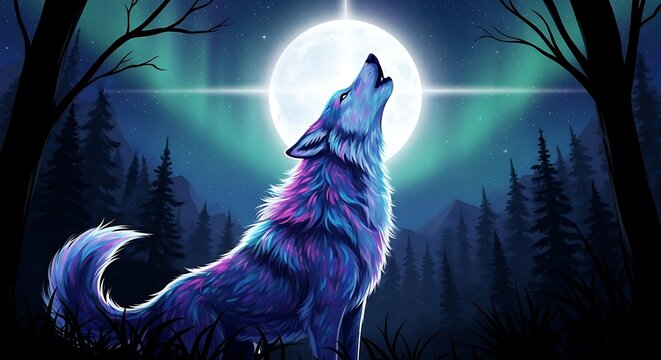 Mystical Wolf Howling at the Aurora Borealis Under a Full Moon.
