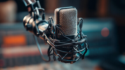 Close up shot of a professional microphone with a blurred background in a studio