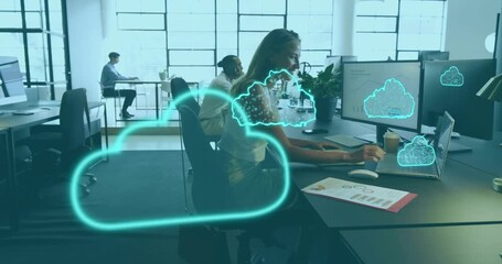 Translucent cloud icon appearing before woman dragging animated data clouds syncing business charts - Powered by Adobe