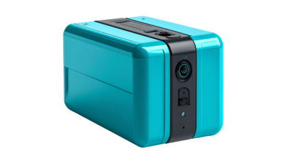 Teal boxy camera with black accents