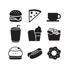 A collection of food and drink icons in silhouette vector Design. 