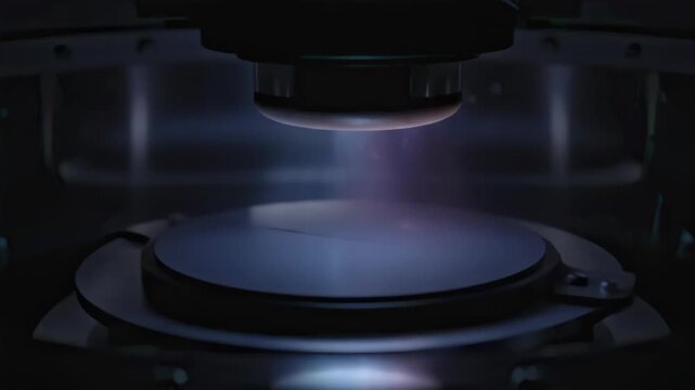 Plasma deposition on silicon wafer in cleanroom technology process.