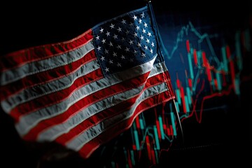 American flag draped against a blurred graph of financial data, symbolizing economic fluctuations