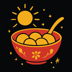 Warm Yellow Tangyuan Bowl with Happy Dongzhi Festival Text