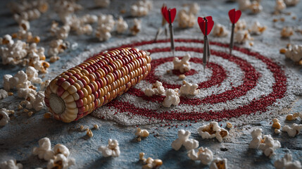 Still life of corn cob and popcorn with target and darts on a textured surface