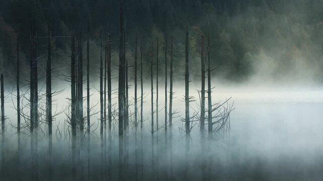 Foggy morning with mist on the surface of the lake during sunrise