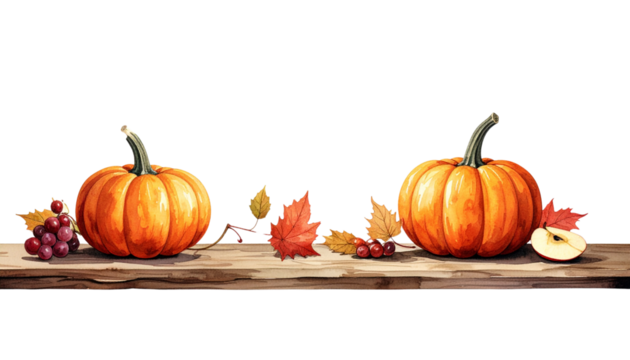 Autumn Seasonal Decoration with Pumpkin, Leaves, and Fruits isolated on transparent background