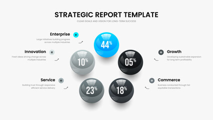 Obraz premium Product Solution Five Option Diagram Frame Layout. Business Overview Presentation Design Vector Illustration. Financial Analysis 5 Element Graph Slide Template.