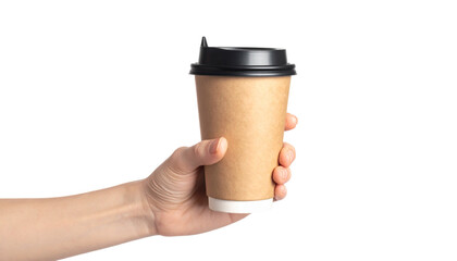 Hand holds coffee cup on black