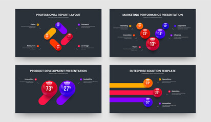 Marketing Overview Four Five Two Three Option Graph Frame Template Vector Illustration Collection. Creative Briefing 4 5 2 3 Step Diagram Slide Design Set.