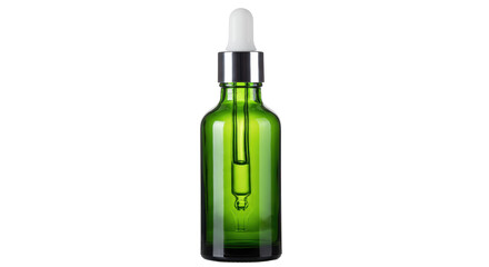 Green glass bottle with dropper isolated, essential oil container for aromatherapy and skincare products, no background