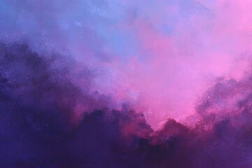 A vibrant, textured illustration depicting an ethereal, dreamy cloudscape in shades of purple and pink