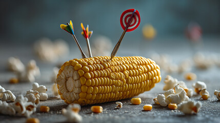 Darts stuck in corn on the cob with popcorn scattered around on a gray surface in a studio shot