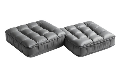 Two gray, tufted floor cushions