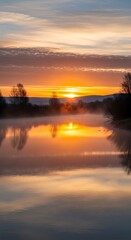 Obraz premium Sunrise over Calm Water Landscape.