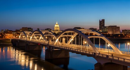 Obraz premium Nighttime cityscape view of a beautiful bridge over a river with city lights.