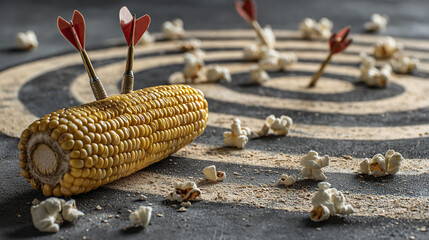 Corn on the cob with darts stuck in it on a target surrounded by popcorn kernels