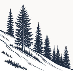 Obraz premium Dark blue silhouette of pine trees on a snowy slope with a white background