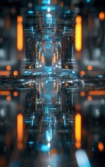 Futuristic digital abstract art with glowing orange and blue lights.
