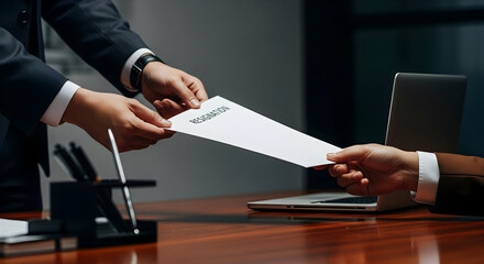 Professional Hands Exchange Resignation Letter in a Formal Business Setting, Symbolizing Departure and New Beginnings