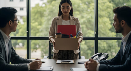 Businesswoman's Resignation: Employee Leaves Corporate Job, Holding Box of Personal Items During a Formal Meeting with Colleagues in Modern Office.