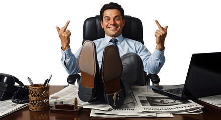 Confident businessman showing defiance with a double middle finger gesture, celebrating his resignation, feet up on the desk in a triumphant, no-regrets office exit.