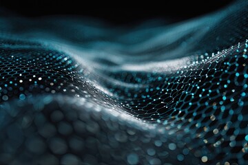 Close-up abstract view of a wavy, interconnected network, with luminescent nodes