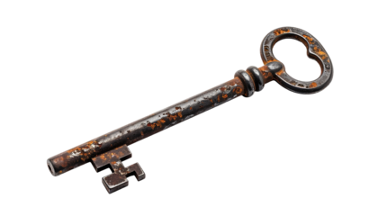Rusty antique metal key on black