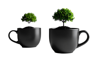 Saplings grow in black cups