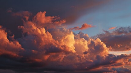 Dramatic evening sky filled with soft clouds glowing in warm sunset colors over a tranquil natural landscape