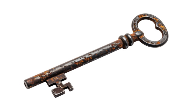 Rusty antique metal key on black