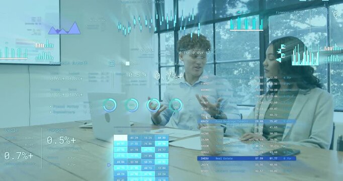 Colleagues starting financial meeting by analyzing data tables and onscreen graphs, noting insights