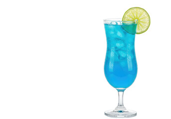 Blue lagoon cocktail in glass isolated on white, refreshing summer drink with lime garnish