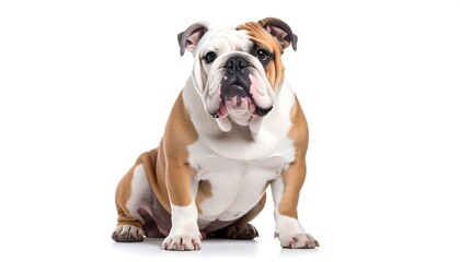 A bulldog sits against white