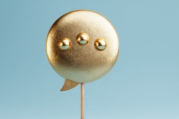 A golden speech bubble on a wooden stick against a pale blue background, suggesting communication