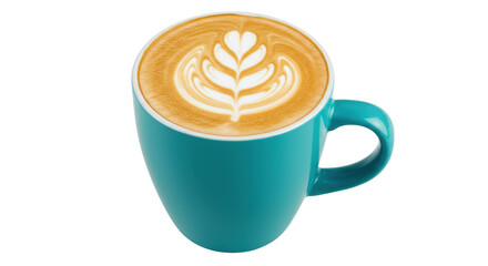 Latte art in a blue mug isolated on a clean backdrop, coffee drink with leaf design for cafe menu and beverage concepts