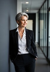 Confident senior businesswoman in a black suit and white shirt standing in a modern office hallway, looking away thoughtfully