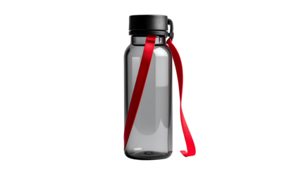 Gray water bottle with red strap